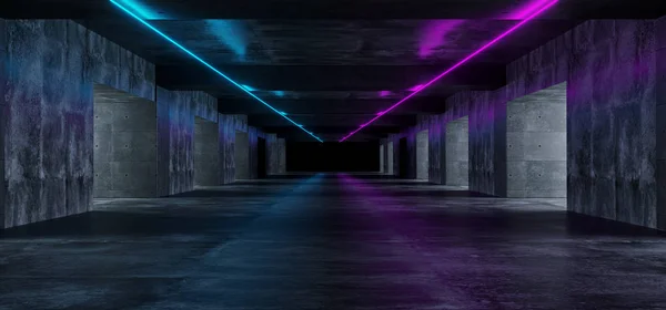 Современный Гранж Темно Бетонный Пустой Длинный Тоннель Фиолетовыми Синими Неоновыми — стоковое фото
