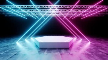 Karanlık Modern bilim kurgu fütüristik Neon mavi ve mor ışık parlayan tüpler beyaz Club sahne boş alanı ve siyah arka plan 3d render animasyon