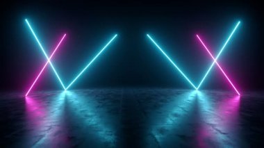 Mavi ve mor Neon parlayan ile karanlık boş oda fütüristik Sci Fi hattı tüpler Grunge beton zemin yansımaları ile 3d render animasyon