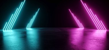 Boş Modern Sci Fi fütüristik karanlık oda yansıma Grunge beton zemin ve mavi mor Neon parlayan elektrikli tüp ile şekiller ışıkları ile siyah arka plan 3d render illüstrasyon