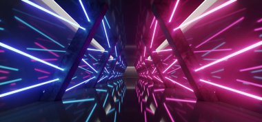 Modern futuristik Sci Fi Uzay gemisi üçgen karanlık boş koridor kapı ve mor ve Mavi Neon Tüp ışık yansımaları parlayan arka plan 3d render illüstrasyon