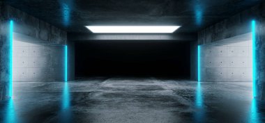 Sci-Fi fütüristik Modern Grunge beton boş yeraltı tüneli koridor garaj ile yansımaları ve Mavi Neon Tüp parlayan ışıklar 3d render illüstrasyon