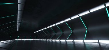 Fütüristik Modern Sci Fi karanlık boş uzay tüneli koridor oda mavi beyaz parlayan ışıklar ve 3d render arka plan illüstrasyon yansımaları teknoloji kavramı ile