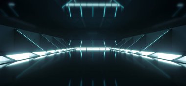 Fütüristik Modern Sci Fi karanlık boş uzay tüneli koridor oda mavi beyaz parlayan ışıklar ve 3d render arka plan illüstrasyon yansımaları teknoloji kavramı ile