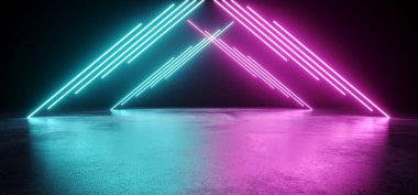 Boş Modern Sci Fi fütüristik karanlık oda yansıma Grunge beton zemin ve mavi mor Neon parlayan elektrik boru üçgen şekiller ışıkları ile siyah arka plan 3d render illüstrasyon
