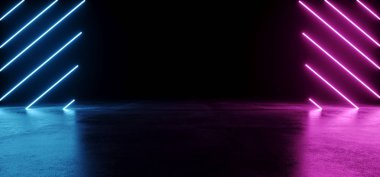 Boş Modern Sci Fi fütüristik karanlık oda yansıma Grunge beton zemin ve mavi mor Neon parlayan elektrikli tüp ile şekiller ışıkları ile siyah arka plan 3d render illüstrasyon
