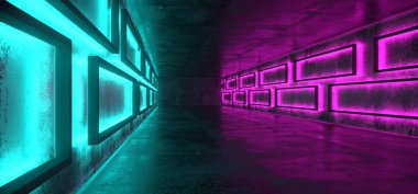 Sci-Fi fütüristik Modern Grunge beton boş yeraltı tüneli koridor garaj Dikdörtgen şekiller duvarlar ve mavi mor Neon parlayan tüp ışıkları ile arka plan 3d render illüstrasyon