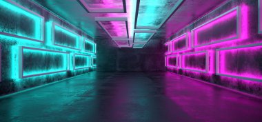 Sci-Fi fütüristik Modern Grunge beton boş yeraltı tüneli koridor garaj Dikdörtgen şekiller duvarlar ve mavi mor Neon parlayan tüp ışıkları ile arka plan 3d render illüstrasyon