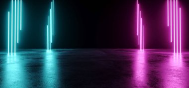 Boş Modern Sci Fi fütüristik karanlık oda yansıma Grunge beton zemin ve mavi mor Neon parlayan elektrikli tüp ile şekiller ışıkları ile siyah arka plan 3d render illüstrasyon