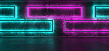 Sci-Fi fütüristik Modern Grunge beton boş yeraltı tüneli koridor garaj Dikdörtgen şekiller duvarlar ve mavi mor Neon parlayan tüp ışıkları ile arka plan 3d render illüstrasyon