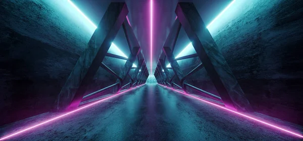 Modern futuristik Sci Fi Uzay gemisi üçgen karanlık boş koridor kapı ve mor ve Mavi Neon Tüp ışık yansımaları parlayan arka plan 3d render illüstrasyon