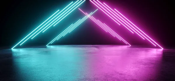 空のモダンなサイファイ反射グランジ コンクリート床とブルー紫ネオン輝く電気チューブの三角形の未来暗い部屋図形を黒ライト背景の レンダリング図 — ストック写真