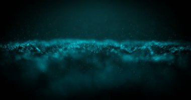 Hareketli dalga mavi parlak Glitter parçacıklar rüzgar ve sığ ile ışık kızdırma odak ve Bokeh arka plan üzerinde siyah 3d render illüstrasyon