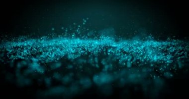 Hareketli dalga mavi parlak Glitter parçacıklar rüzgar ve sığ ile ışık kızdırma odak ve Bokeh arka plan üzerinde siyah 3d render illüstrasyon