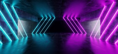 Mor ve Mavi Neon ışıkları parlayan modern futuristik Metro yansıtıcı beton garaj boş oda arka plan 3d render illüstrasyon