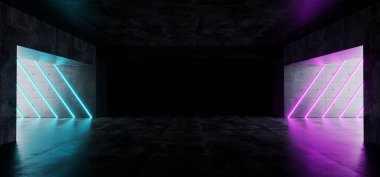 Mor ve Mavi Neon ışıkları parlayan modern futuristik Metro yansıtıcı beton garaj boş oda arka plan 3d render illüstrasyon