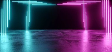 Karanlık Modern futuristik yabancı yansıtıcı boş için mor ve mavi metin Oda şeklinde Neon Aydınlatma kanalları arka plan Grunge beton parlayan kat 3d render illüstrasyon