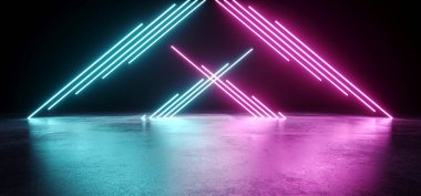 Modern futuristik yabancı yansıtıcı boş ile karanlık odada mor ve mavi üçgen şeklinde Neon Aydınlatma kanalları arka plan Grunge beton parlayan kat 3d render illüstrasyon