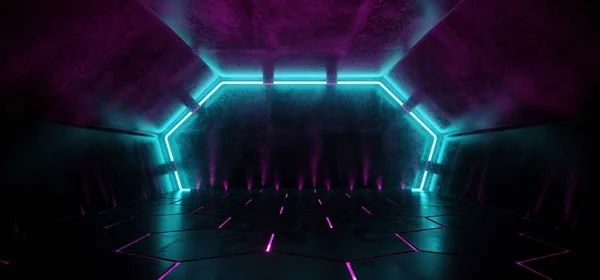黑暗现代未来主义外星反射混凝土走廊隧道空房间与紫色和蓝色霓虹灯发光背景六角形地板3D 渲染插图 — 图库照片