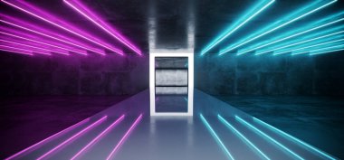 Mor Mavi Neon parlayan tüpler fütüristik Modern boş Sci Fi Grunge beyaz beton yansıtıcı oda ışık ve sahne Arena arka plan uzay gemisi parlayan beyaz dikdörtgen ışık 3d render illüstrasyon