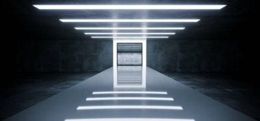 Fütüristik Modern boş Sci Fi Grunge beton yansıtıcı Beyaz Led ışıkları ve oda sahne Arena arka plan uzay gemisi konsept parlayan beyaz dikdörtgen ışık 3d render illüstrasyon
