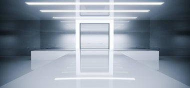 Beyaz Led ışıkları ve sahne Arena arka plan uzay gemisi konsept parlayan beyaz dikdörtgen fütüristik Modern boş Sci Fi yansıtıcı oda ışık 3d render illüstrasyon