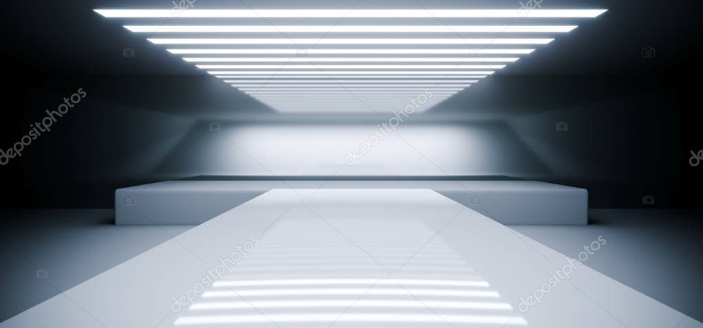 Futuristic Modern Empty Sci Fi Reflective Room With White Led Lights And Stage Arena Background Spaceship Concept 3D Rendering Illustration