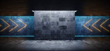 Karanlık boş fütüristik Sci Fi Modern yeraltı Grunge beton Oda boş alanı için metin ve turuncu parlayan ok şeklinde Neon ışıkları arka plan 3d render illüstrasyon