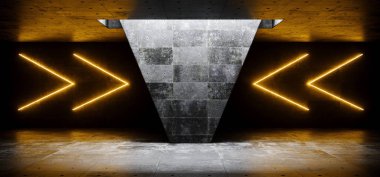 Karanlık boş fütüristik Sci Fi Modern yeraltı Grunge beton Oda boş alanı için metin ve turuncu parlayan ok şeklinde Neon ışıkları arka plan 3d render illüstrasyon