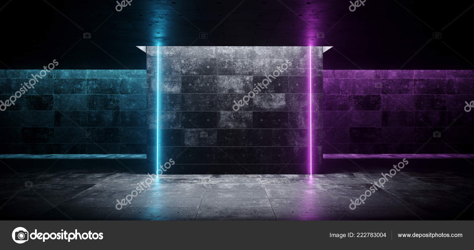 紫と青のネオン輝く線付きのテキストに空のスペースでのモダンな未来的な空想科学小説暗い空グランジ コンクリート部屋管背景 のレンダリングのイラストの壁紙 ストック写真 C Ivanmollovphoto