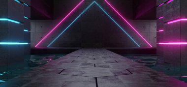 Modern futuristik karanlık boş yabancı gemi beton oda içinde su ile ve altıgen zemin ile üçgen şeklinde mor ve Mavi Neon parlayan ışıklar arka plan 3d işleme Illlustration