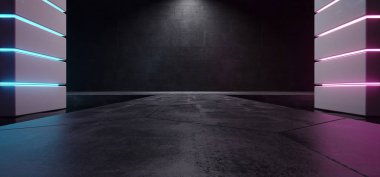Fütüristik Sci Fi Modern yabancı gemi karanlık boş Grunge beton Oda yansıtıcı su dalgaları ile mavi ve mor parlak Neon ışıkları arka plan ve 3d render illüstrasyon