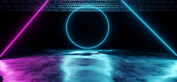 Luzes de fase de laser em forma de círculo roxo e azul de néon brilhante — Fotografia de Stock