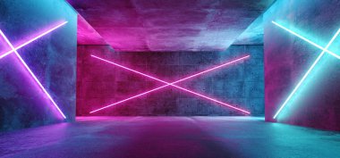 Modern futuristik Sci Fi kavramı Club arka plan Grunge beton boş karanlık oda Neon parlak mor ve mavi pembe Neon ışıklar 3d render illüstrasyon