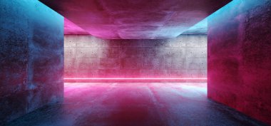 Modern futuristik Sci Fi kavramı Club arka plan Grunge beton boş karanlık oda Neon parlak mor ve mavi pembe Neon ışıklar 3d render illüstrasyon