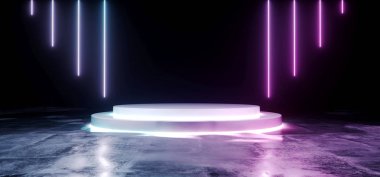 Boş Modern futuristik beyaz boş Karanlık Grunge beton yansıtıcı ıslak oda parlak çizgi şeklinde mor ve mavi soyut Neon siyah zemin üzerine parlak sahne liderliğindeki Sci-Fi ışıklar 3d render illüstrasyon