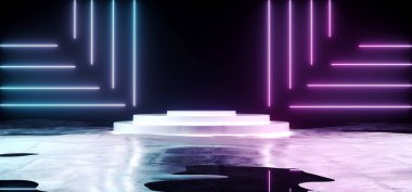 Boş Modern futuristik beyaz boş Karanlık Grunge beton yansıtıcı ıslak oda parlak çizgi şeklinde mor ve mavi soyut Neon siyah zemin üzerine parlak sahne liderliğindeki Sci-Fi ışıklar 3d render illüstrasyon