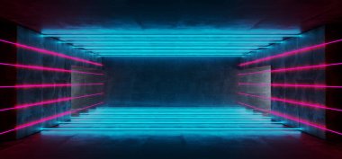 Neon parlayan Sci Fi Modern futuristik boş Karanlık Grunge beton metin ve parlak mor ve Mavi Neon yeri olan hatları soyut arka plan 3d render illüstrasyon