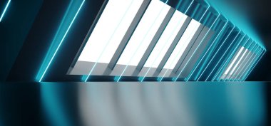 Modern futuristik Sci Fi yabancı gemi yansıtıcı karanlık boş uzun koridor tünel büyük beyaz Windows ve mavi üçgen şeklinde Neon parlak çizgiler arka plan 3d render illüstrasyon