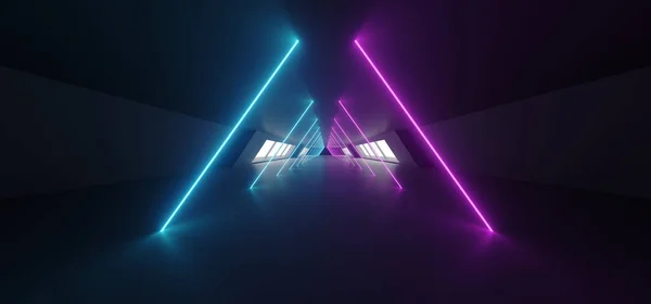 Modern futuristik Sci Fi yabancı gemi yansıtıcı karanlık boş uzun koridor tünel büyük beyaz Windows ve mor mavi üçgen şeklinde Neon parlak çizgiler arka plan 3d render illüstrasyon