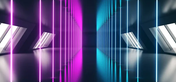 Modern Futuristic Sci Fi Alien Ship Reflective Dark Empty Long Corridor Tunnel With Big White Windows And Purple Blue Abstract Shaped Neon Glowing Lines Background 3D Rendering Illustration