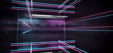 Zarif Sci Fi Modern futuristik yabancı boş Grunge beton Oda Neon parlak mor ve mavi Aydınlatma kanalları yansımaları ile boş alanı metin için 3d render illüstrasyon