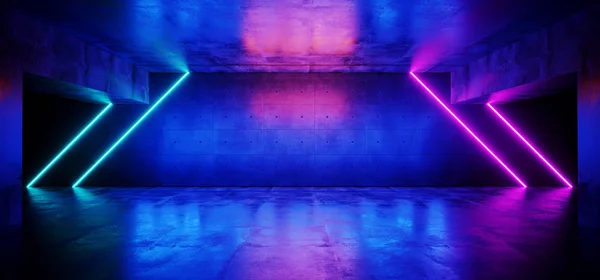 サイファイ レトロ未来暗い空グランジ反射コンクリート地下室紫の夜景と青いネオン管線ライト背景の レンダリング図 — ストック写真