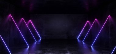 Pembe mor mavi parlak Neon Tüp hatları yansıması ile zarif Sci Fi minimalist fütüristik Karanlık Grunge beton Oda boş alanı metin için 3d render