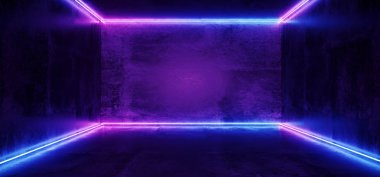 Pembe mor mavi parlak Neon Tüp hatları yansıması ile zarif Sci Fi minimalist fütüristik Karanlık Grunge beton Oda boş alanı metin için 3d render
