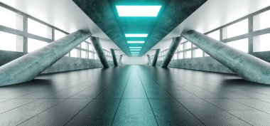 Sci Fi fütüristik parlak yabancılık Modern yansıtıcı koridor boş tünel beton ile döşeli zemin ve beton büyük sütunlar ve mavi ışıklar teknoloji arka plan kavramı 3d render illüstrasyon