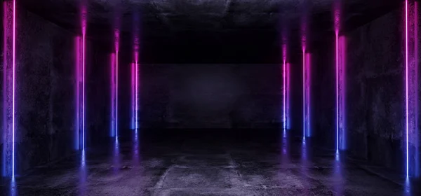 エレガントなサイファイ最小限の未来暗いグランジ コンクリート ルーム ピンク紫青光るネオン管ライン反射本文空白 レンダリング — ストック写真