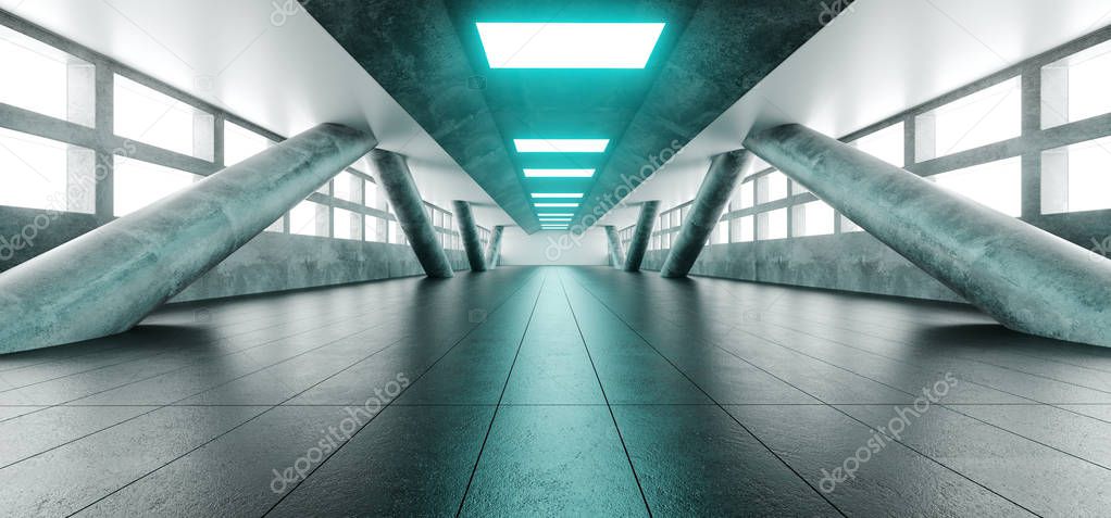 Sci Fi Futuristic Bright Alienship Modern Reflective Corridor Empty Tunnel With Concrete Tiled Floor And Concrete Big Columns And Blue Lights Technology Background Concept 3D Rendering Illustration