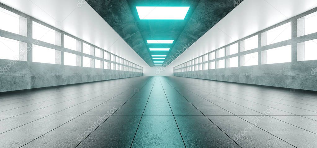 Modern Futuristic Sci Fi Empty Bright Long Corridor Tunnel With Dark Reflective Concrete With Blue Led Lights Space For Text Alienship Background 3D Rendering Illustration