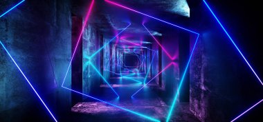 Soyut Neon Sci Fi fütüristik Modern yabancı Retro mor mavi pembe dikdörtgen şeklinde ışık Grunge gerçekçi beton uzun tünel koridorda 3d render illüstrasyon